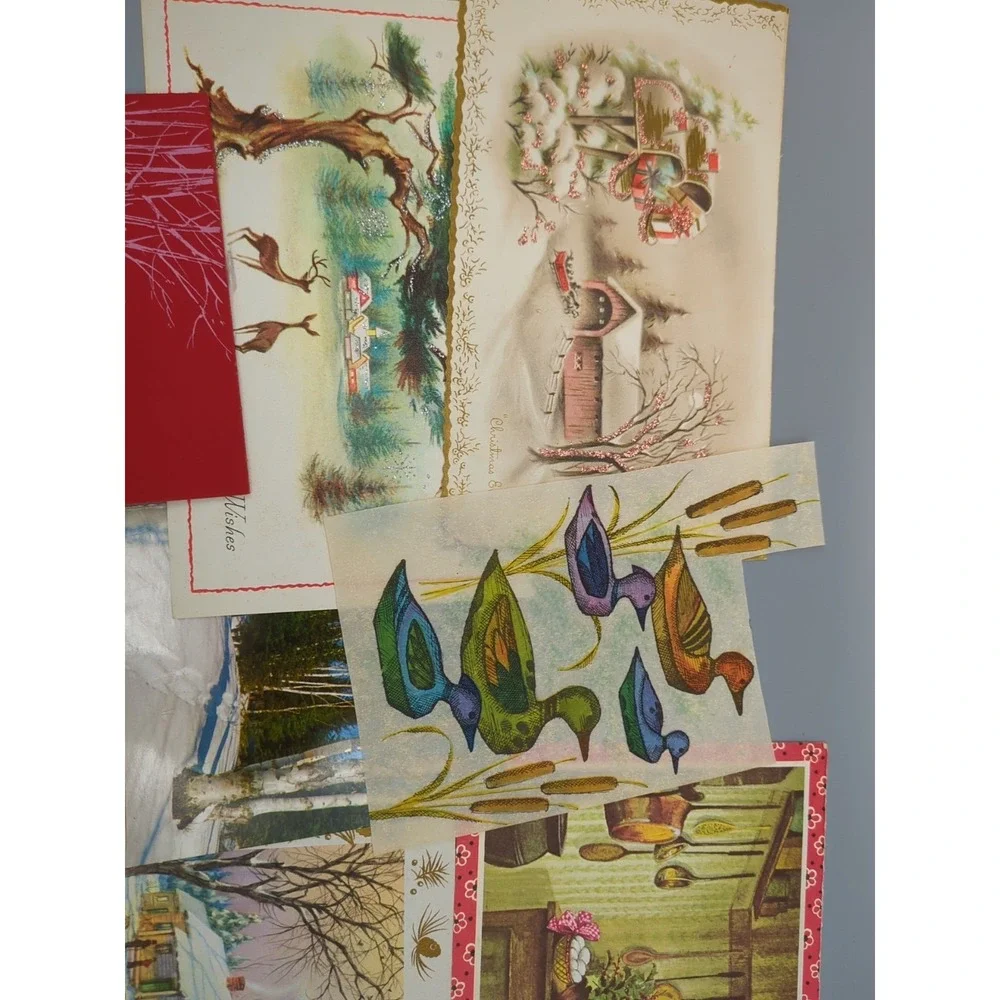 15 Old Vtg Used Christmas Card Fronts for Crafts Winter Scene Country Farm‎ Hunt